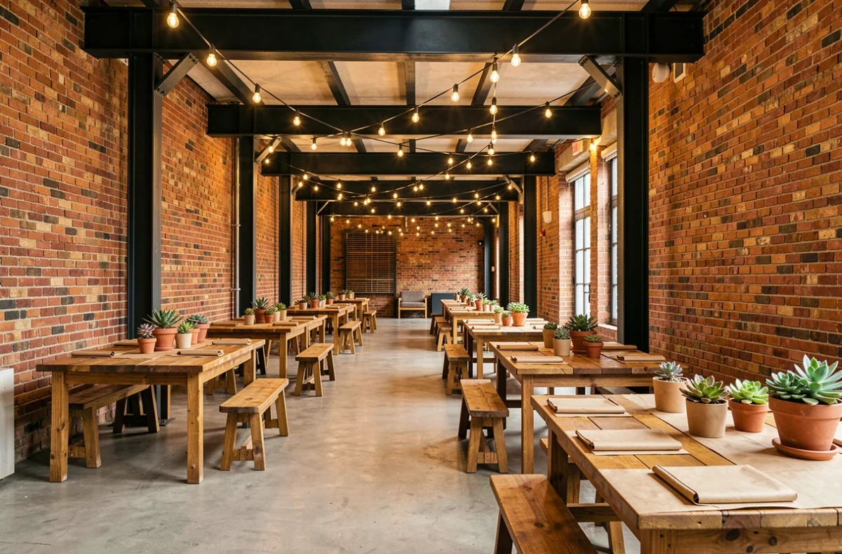 Espace de réception Zango Paris au style industriel-chic avec briques apparentes, poutres en acier et tables en bois décorées pour un événement tendance